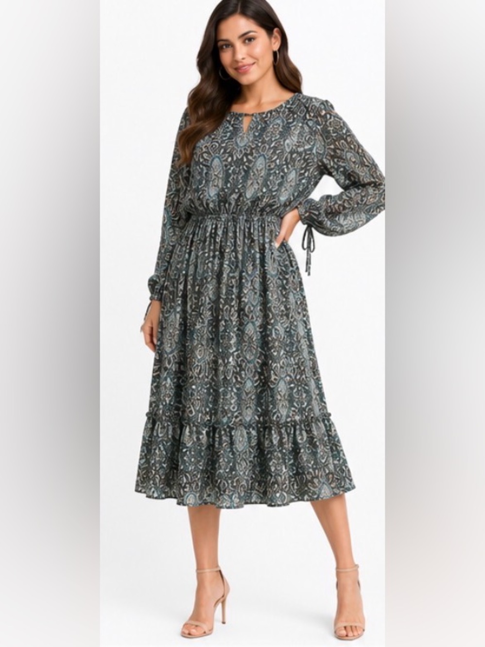 Love ADY Teal Paisley Ruffle Midi Dress Long Sleeve Size Large